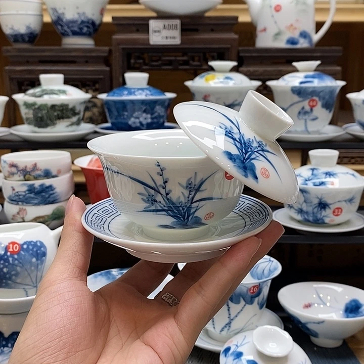 手绘兰花盖碗悬停150cc釉下彩微瑕福利款