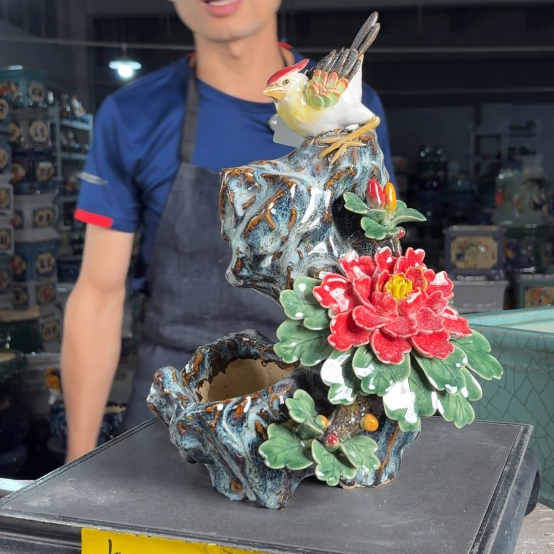 一风堂石湾花盆 总高32手工痕迹