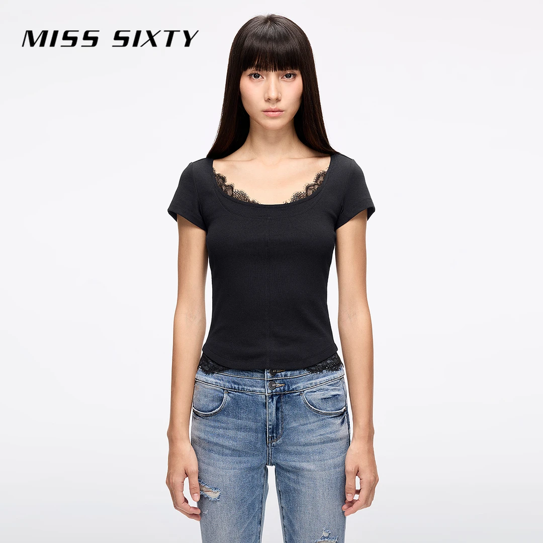 Miss Sixty2025夏季新款短袖T恤女U领蕾丝拼接修身显瘦短款上衣