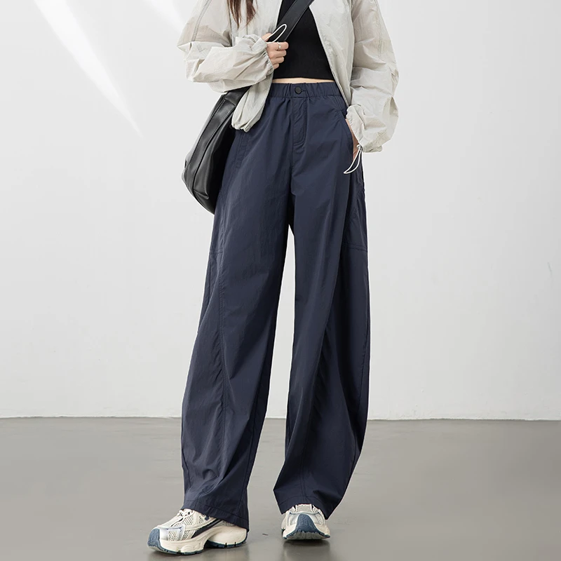 秋冬加厚款拼接设计工装裤女阔腿运动裤洋气百搭宽松长裤弯刀裤