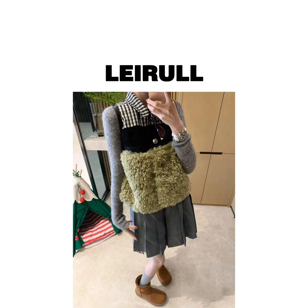 AW秋冬新款 美式复古拼接牛油果绿格雷系羊羔毛马甲