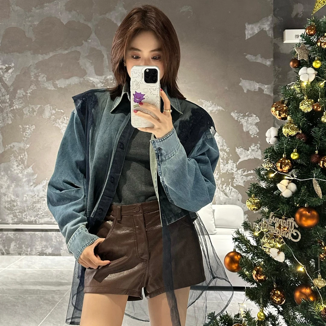 潇潇【时髦蓝波】网纱牛仔假两件拼接设计牛仔短外套翻领潮流上衣