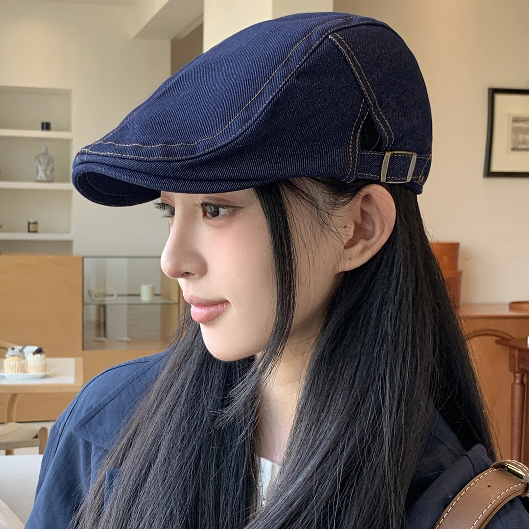 春夏季新款大头围纯色牛仔前进帽子女复古潮流显脸小画家帽贝雷帽