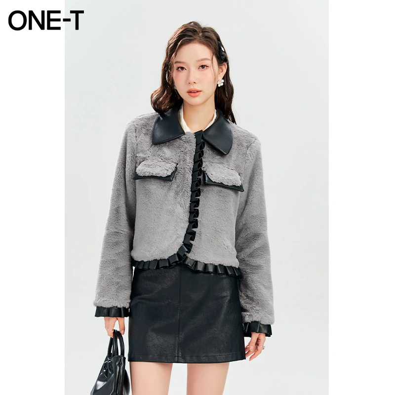 凡兔拼接翻领毛绒外套女秋冬款减龄上衣3M821