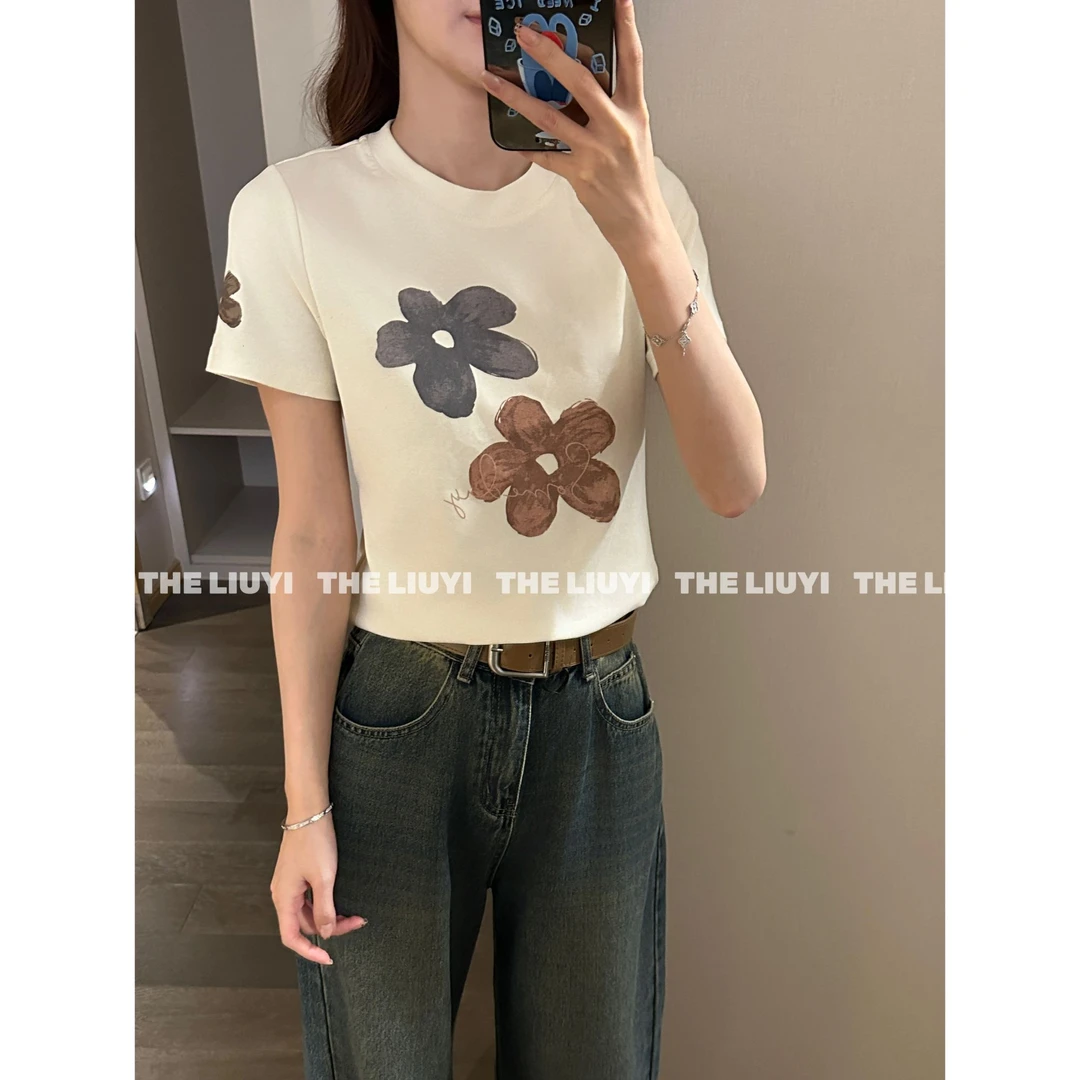 【LIUYI】花朵圆领正肩短袖T恤58153