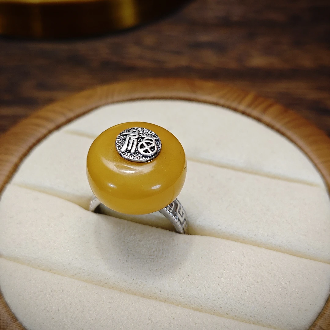 天然琥珀蜜蜡老花蜡戒指福字戒指