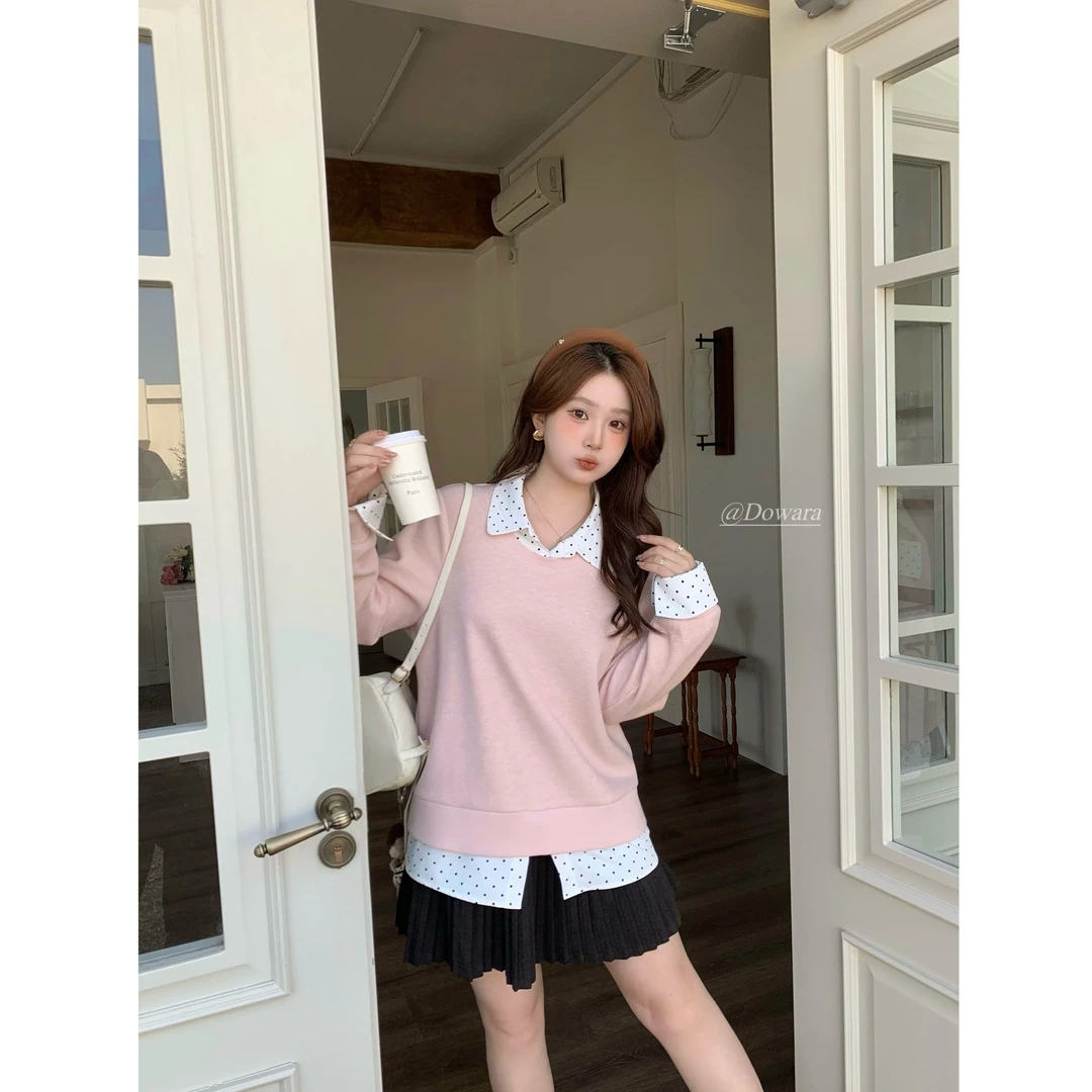 大婉酱千千微胖定制 韩系秋冬假两件拼接加绒波点长袖毛衣7797D