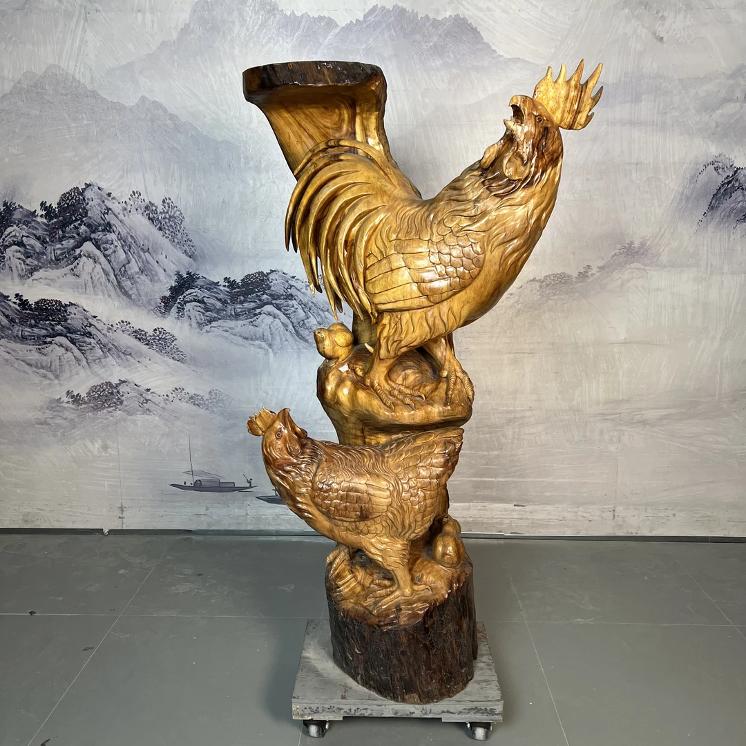 香樟木整体雕刻金鸡报喜雄鸡摆件根雕木雕大型落地艺术品大吉大利