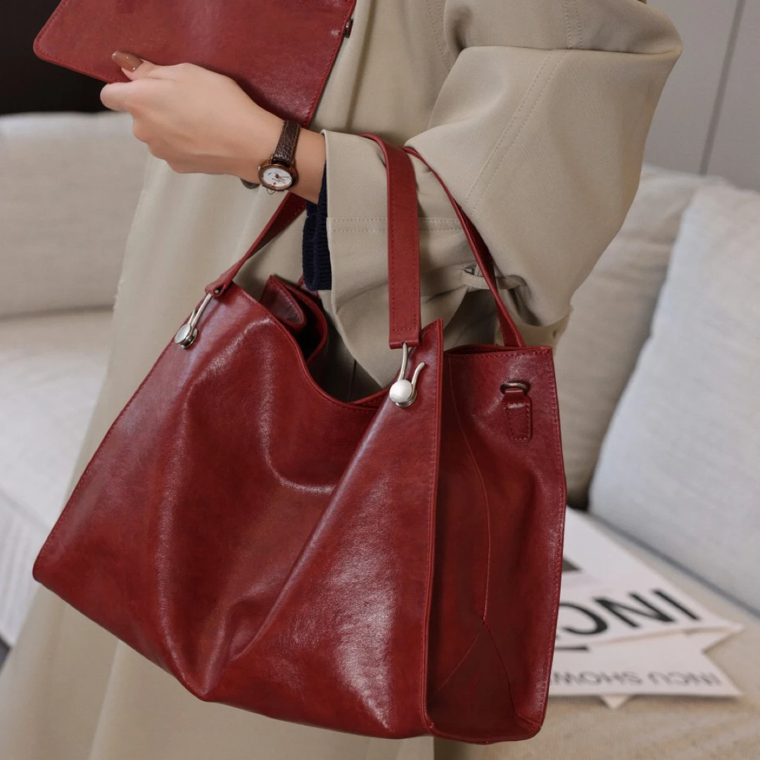 【禹歌】头层水晶植鞣牛皮磁扣手提单肩包托特包斜挎包小众气质秋冬