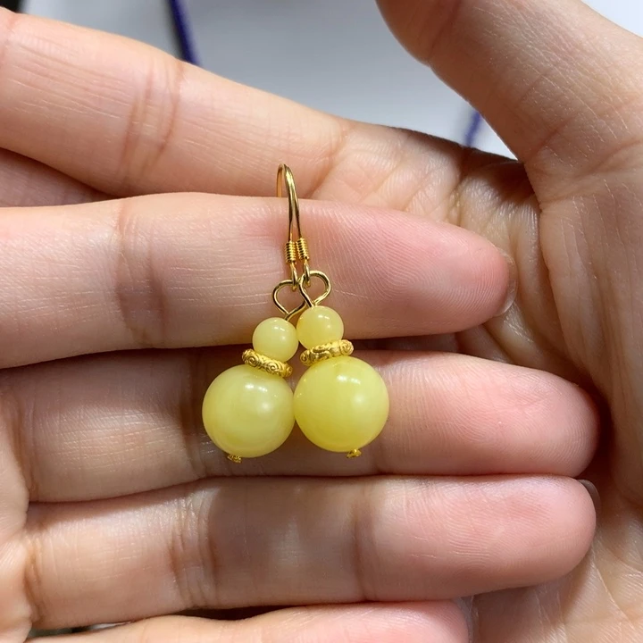 蜜蜡银S925镀金镶嵌耳饰10mm