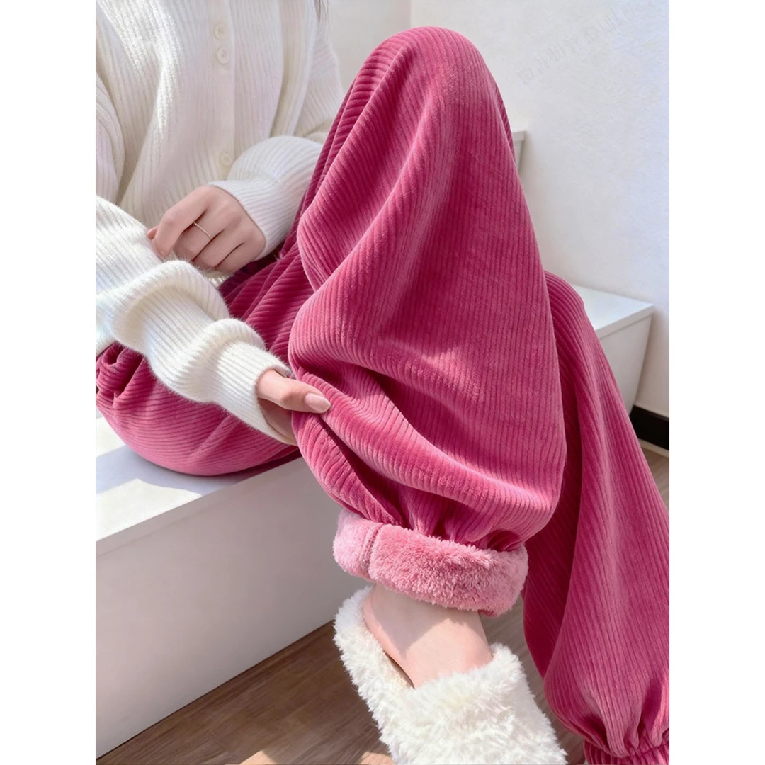 玫粉色加绒加厚灯芯绒棉裤今年流行爆款裤子洋气减龄休闲束脚卫裤