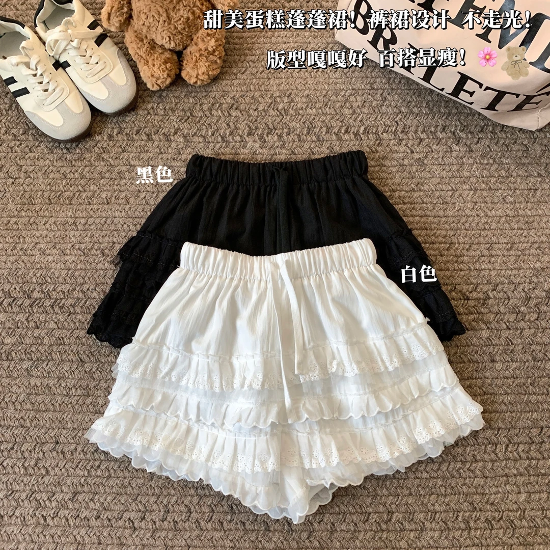 法式甜美高腰系带拼接网纱白色洋气蓬蓬层次蛋糕短裤防走光百褶裤