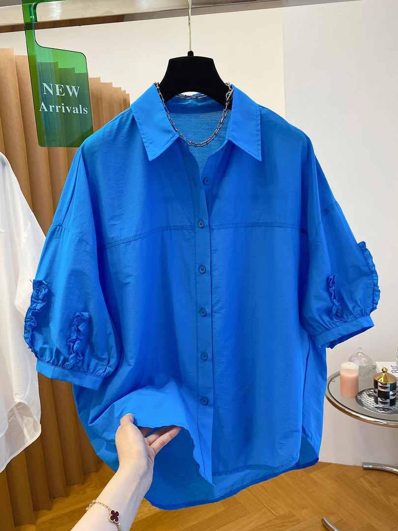 蓝色五分袖衬衫女夏季2025新款宽松休闲小衫超好看泡泡袖上衣
