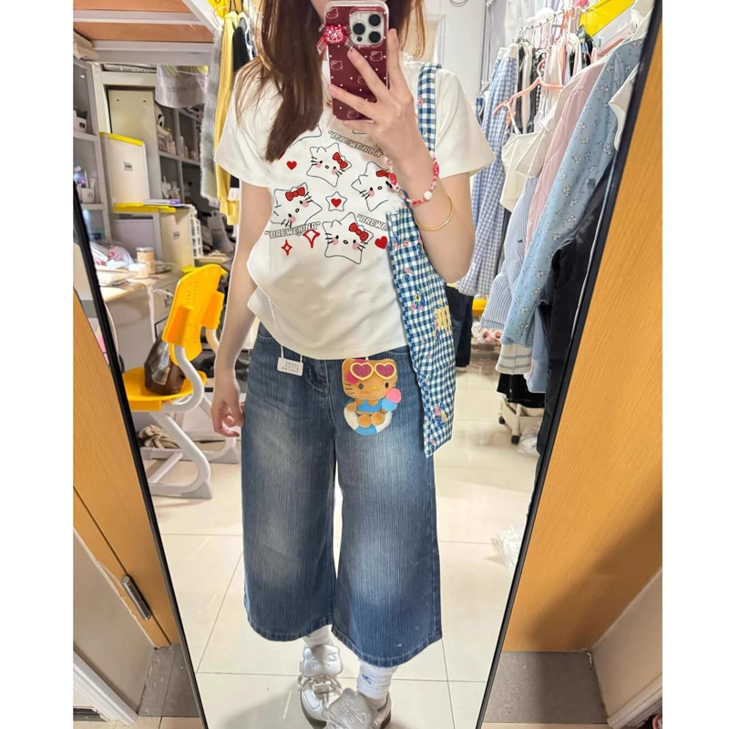 美式星星kitty猫印花正肩短袖T恤女夏季新款修身显瘦百搭圆领上衣