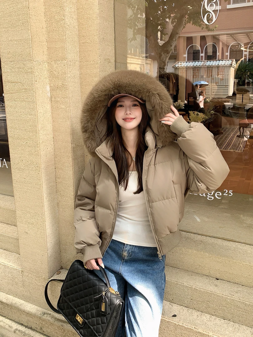 2025冬大毛领连帽短款羽绒服8929