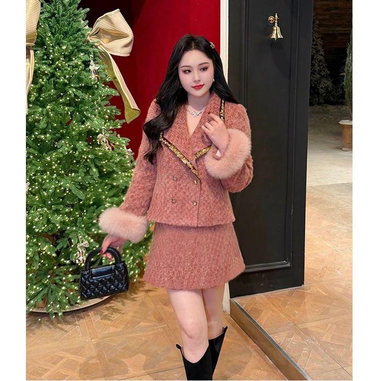 【AWEI】大码胖MM冬季新款设计毛袖口可拆气质高级感外套+短裙套装