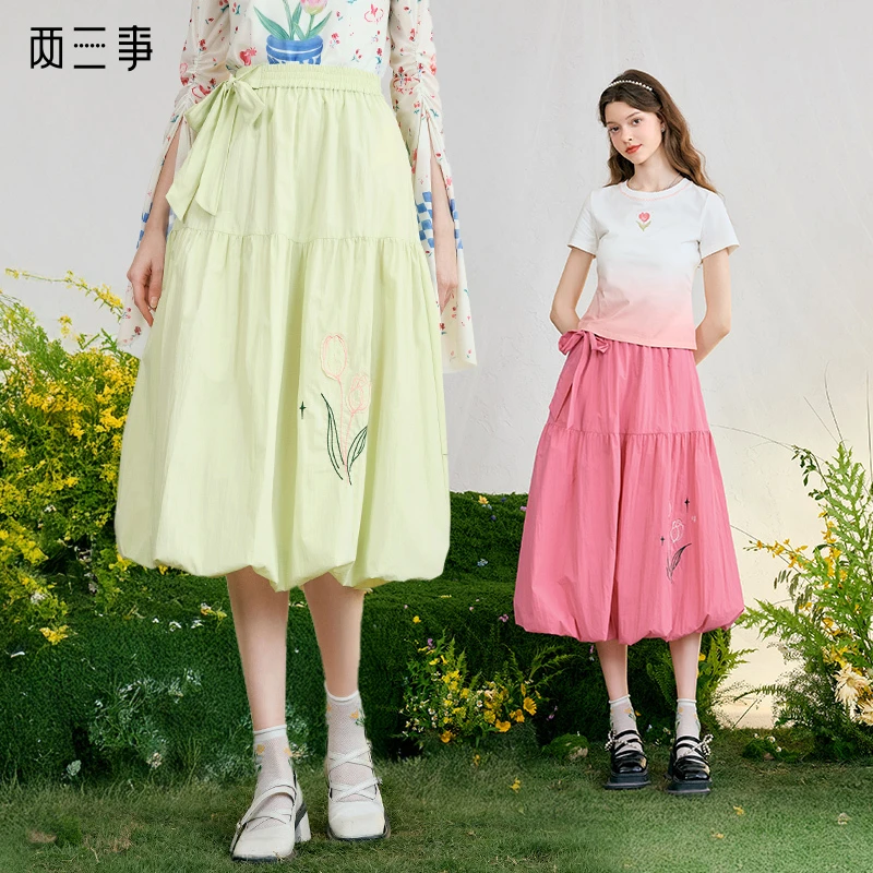 两三事 芳蕾夭夭 2025春季新款甜美绣花绑带高腰半身裙