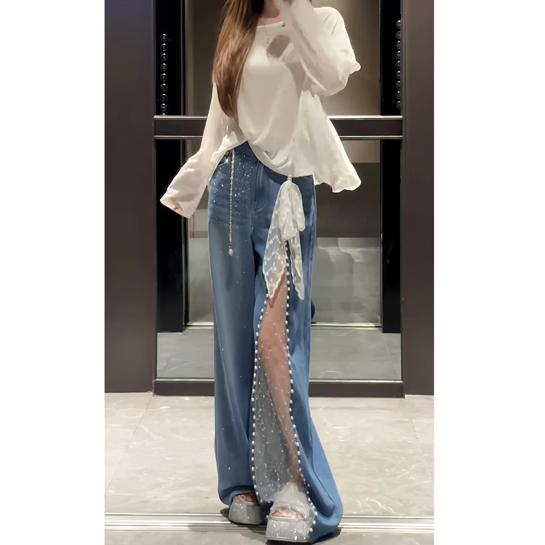 设计感宽松露背别致上衣镂空蕾丝牛仔裤百搭复古两件套