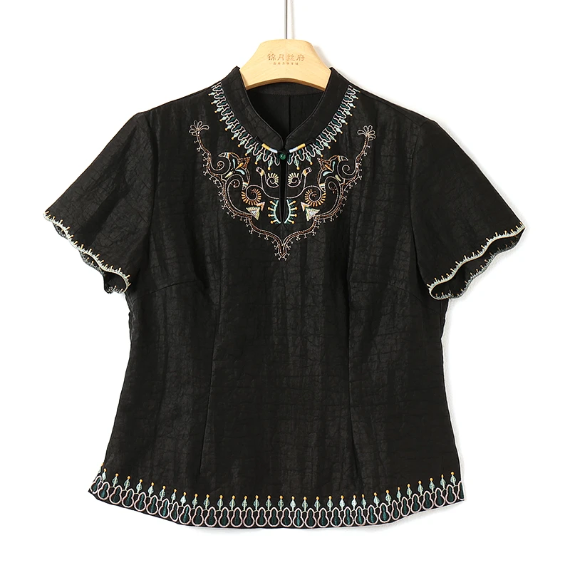 龟裂纹香云纱桑蚕丝短袖上衣锦月丝府FX811861（28）