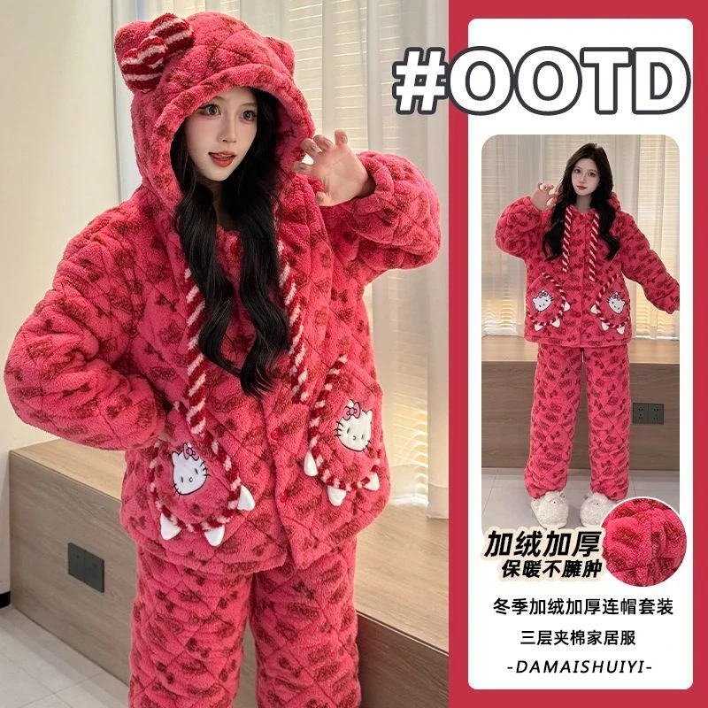 珊瑚绒冬季睡衣女连帽2025年新款三层夹棉加绒加厚保暖家居服套装