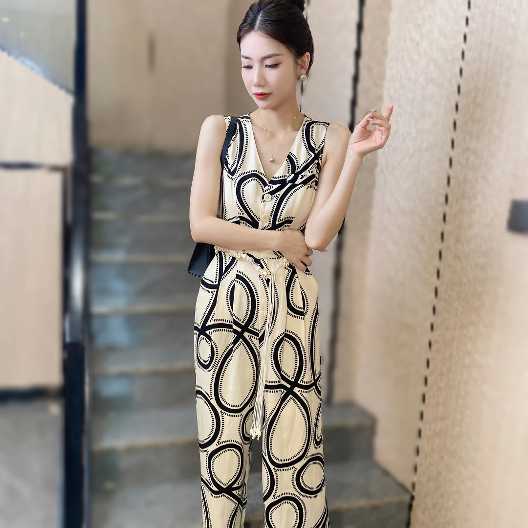 印花休闲无袖连衣裤春夏季2025新款收腰显瘦高级感阔腿裤连体衣
