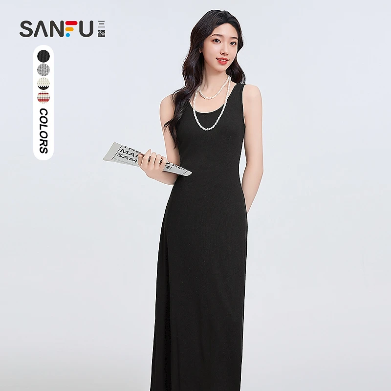 三福连衣裙2025夏季简约基础圆领背心裙收腰长裙女装495724