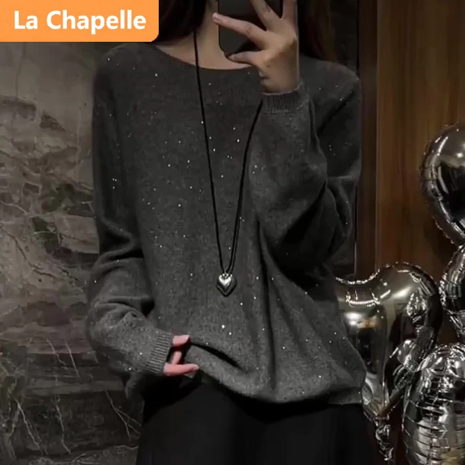 拉夏贝尔慵懒风时髦休闲毛衣女春秋冬韩版减龄灰色套头中长款上衣