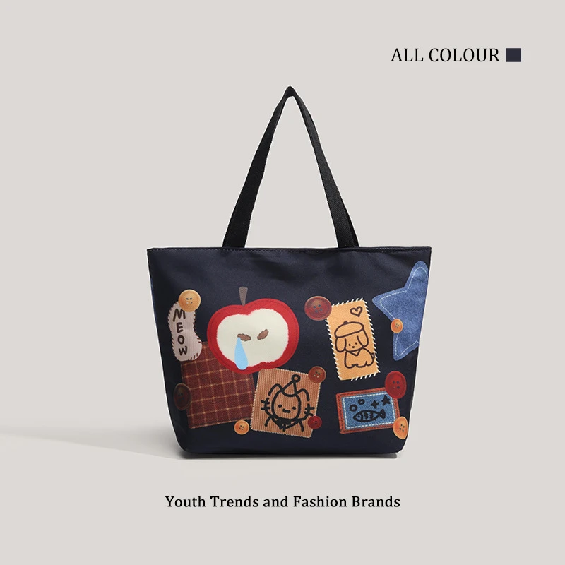 时尚休闲百搭新款苹果印花帆布托特包单肩大容量通勤复古手提包女