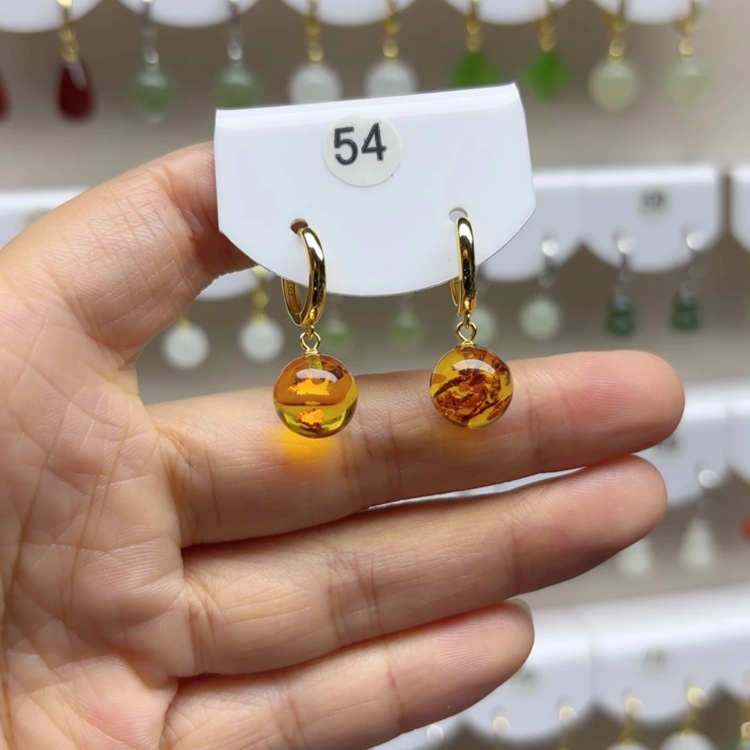 琥珀（花珀）银S925镶嵌耳饰
