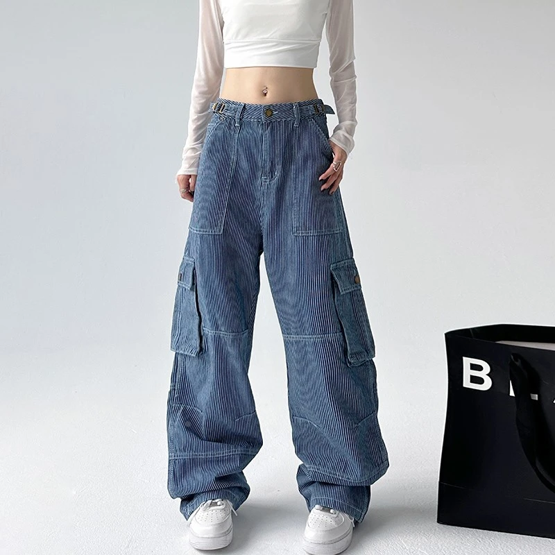 VONSRMAN美式工装复古条纹直筒牛仔裤女2025秋装新款街头多口袋拼