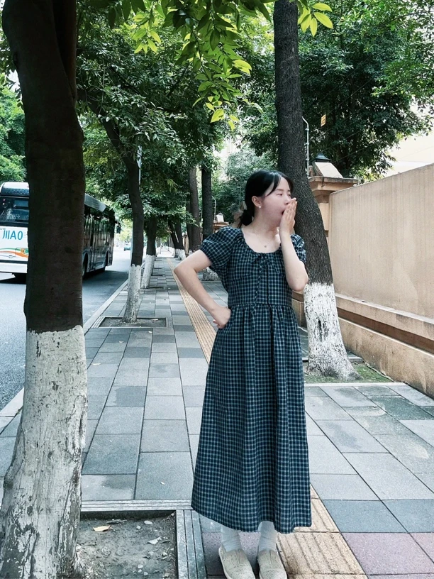 【笑一个叭】夏季新款韩系ins气质系带显瘦中长款格子连衣裙女装