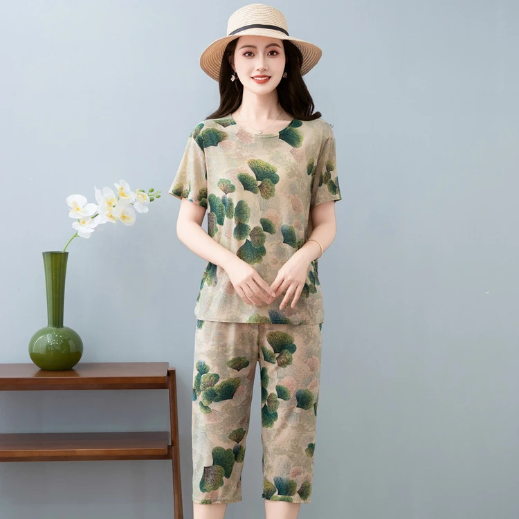 妈妈夏装洋气套装中式T恤小衫中老年女装短袖印花冰丝上衣两件套