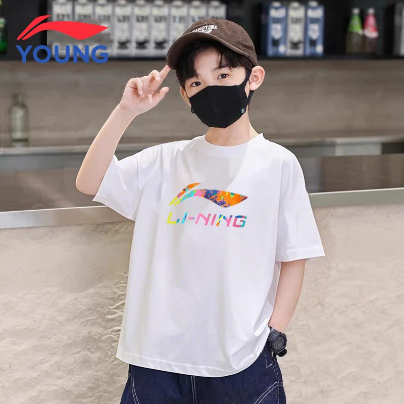 李宁男童短袖纯棉t恤夏季新款圆领儿童薄款透气运动上衣洋气半袖