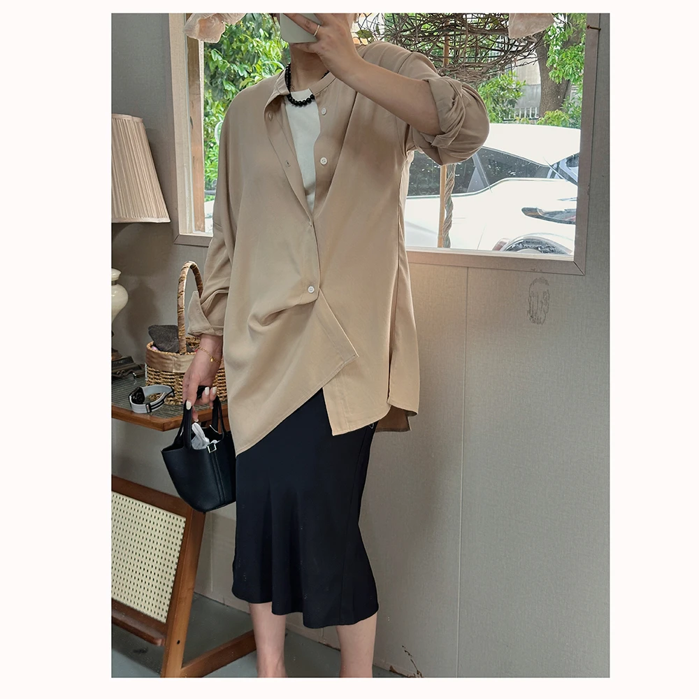 ZM261 春夏新款纯色不规则翻领长袖女士休闲衬衫