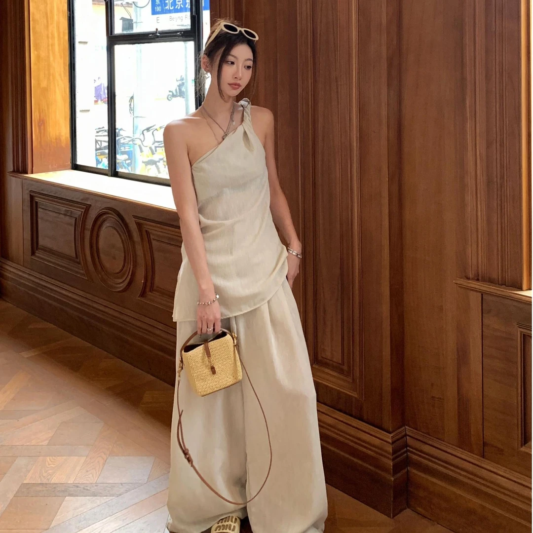 法式慵懒风宽松无袖上衣套装女2025夏季新款气质穿搭阔腿裤两件套