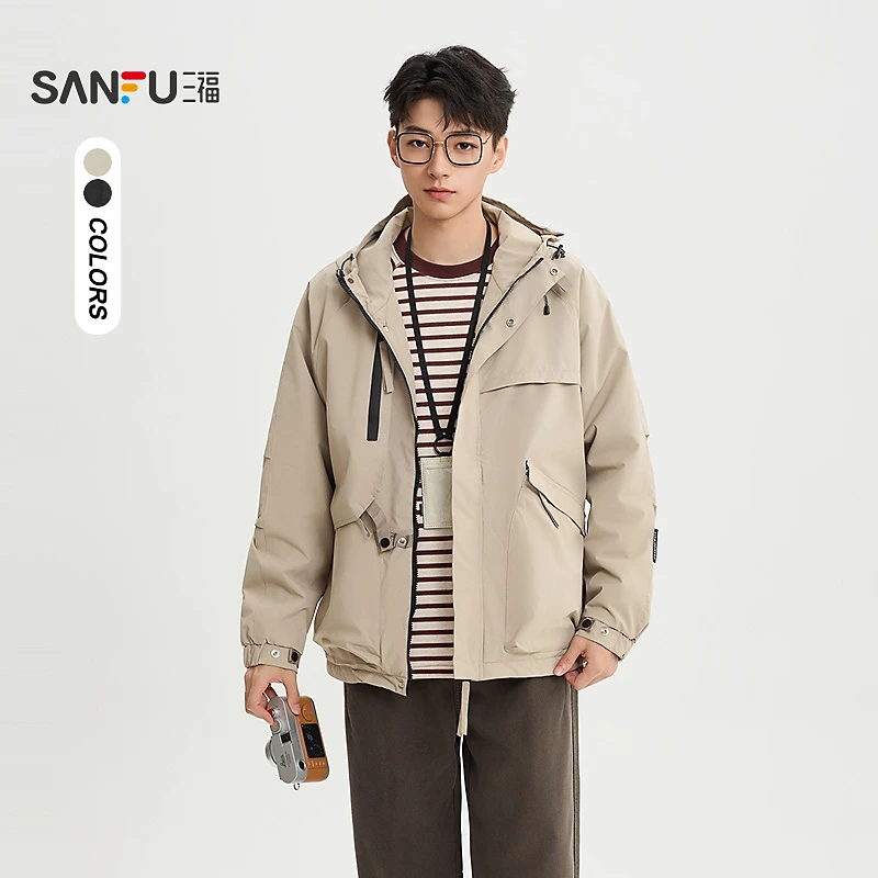 SANFU/三福25冬季男连帽抽绳工装夹克户外宽松加绒冲锋外套515990