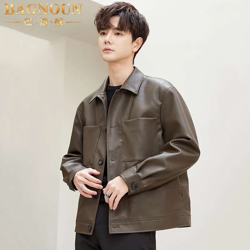 巴格奴皮衣男士春秋季新款时尚高端翻领软皮夹克休闲机车中年外套