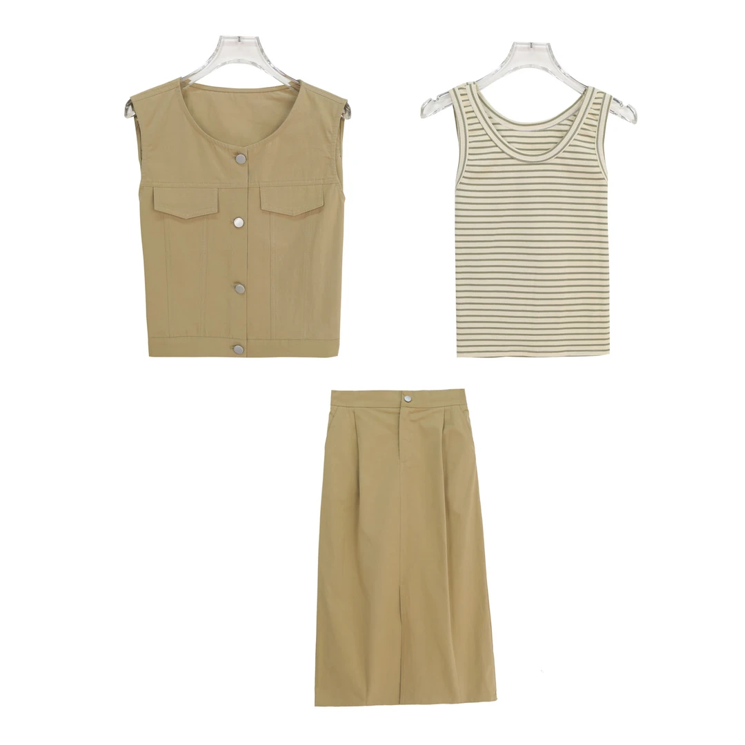 工装风无袖马夹条纹背心半身裙套装S724