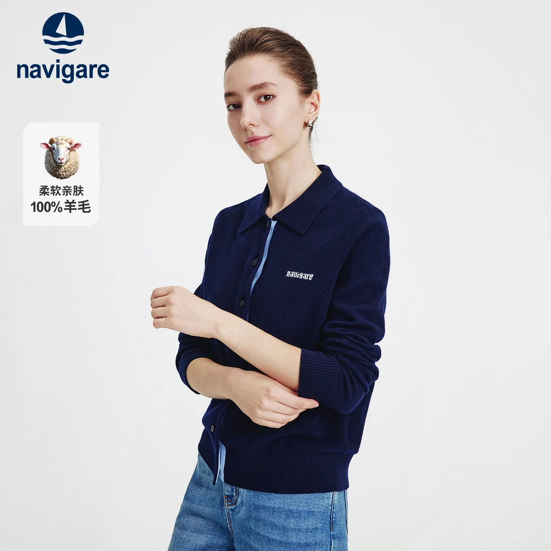 [纯羊毛]Navigare意大利小帆船翻领毛衣女士休闲通勤针织开衫