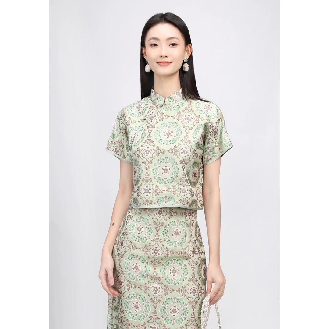 矝羽轩JINYU矜羽【茶花如意纹】钱小萍绿色非遗宋锦夏季女装