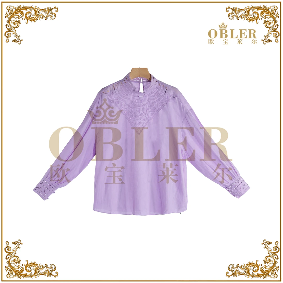 【欧宝莱尔】欧姐严选经典镂空小立领上衣114-25116