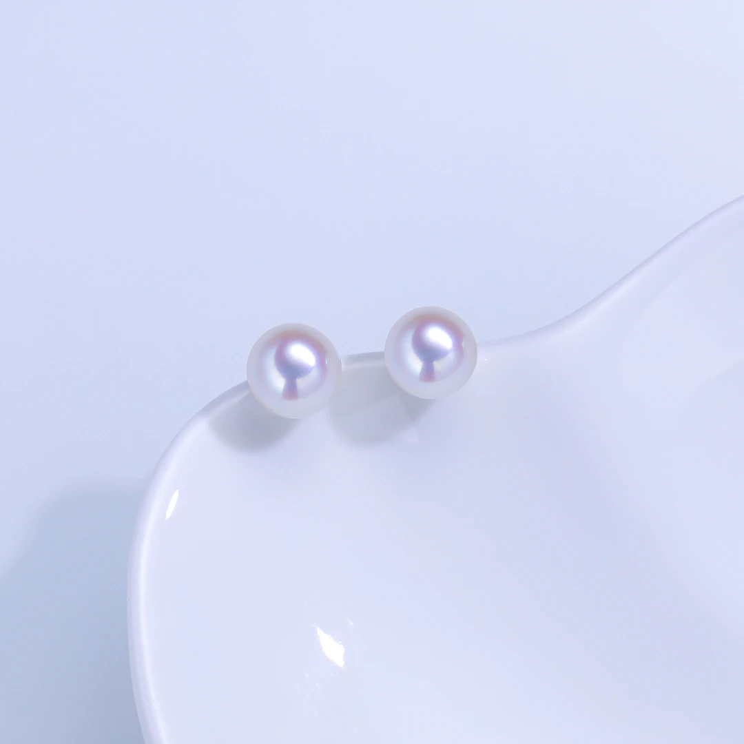 海水Akoya小灯泡7-8mm耳钉S925银极强光樱花粉经典素款