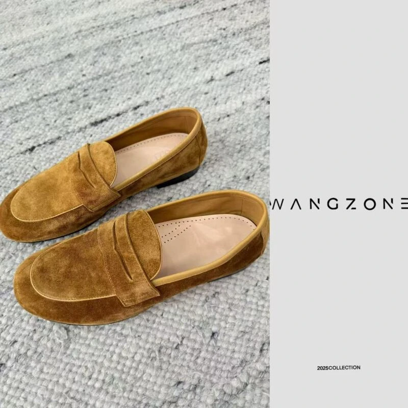 WANG ZONE丨复古老钱必备麂皮圆头一脚蹬乐福单鞋