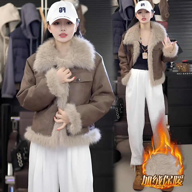 美式复古短款加厚皮毛一体外套女2025秋冬季新款显瘦加绒保暖大衣