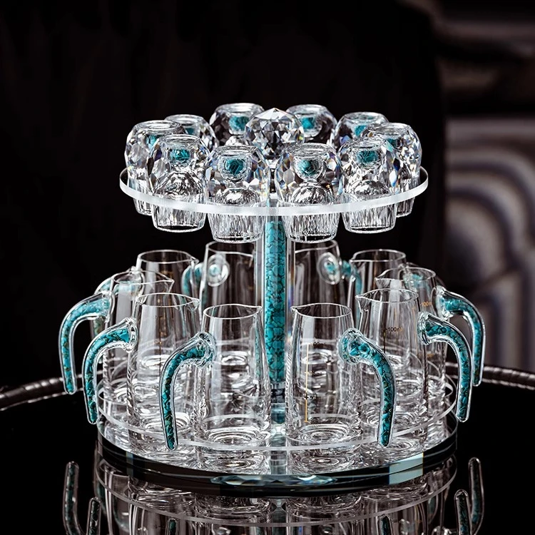 绿松石水晶切面白酒杯套装家用中式一口杯高档玻璃二两分酒器酒具