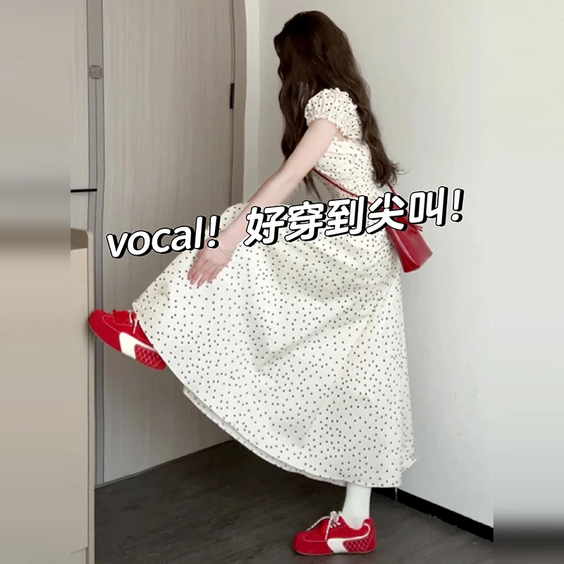 法式气质方领连衣裙子女2025新款纯欲赫本风波点收腰显瘦白色长裙