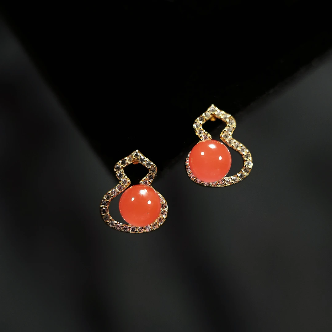 [原矿保山】南红耳钉葫芦款卡6mm