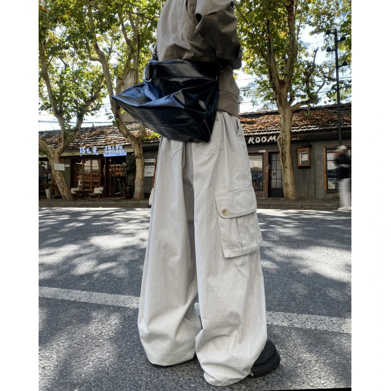 秋季新款宽松厚款休闲裤工装裤大口袋百搭拖地裤直筒裤春秋高街