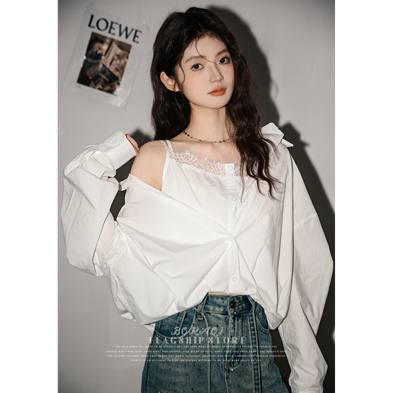 白色假两件长袖衬衫女2025春秋新款蕾丝设计感宽松显瘦衬衣上衣潮