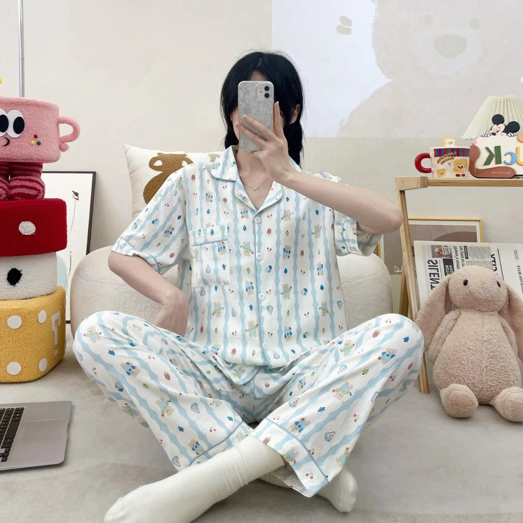小熊夏天ins可爱甜美波点睡衣女夏季短袖长裤大码居家服套装外出